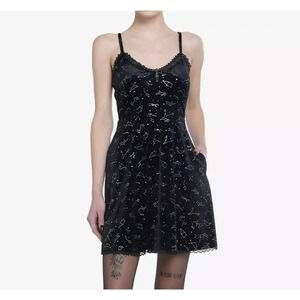 Cosmic Aura Rainbow Constellation Velvet Dress Size XS Black Stretch Pockets